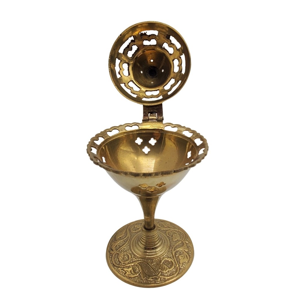 Brass Incense Burner Holder Ornate Pedestal Hinged Lid Pierced Censer Rustic Vtg